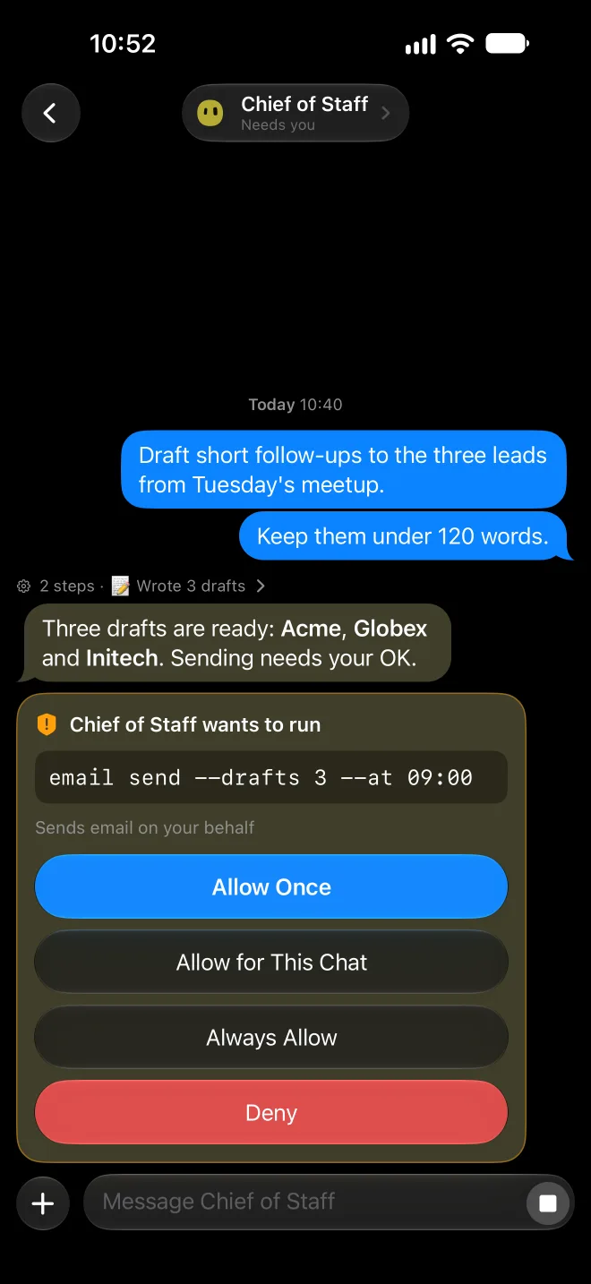 Chief of Staff asks to run an email send command, with Allow Once, Allow for This Chat, Always Allow and Deny buttons.