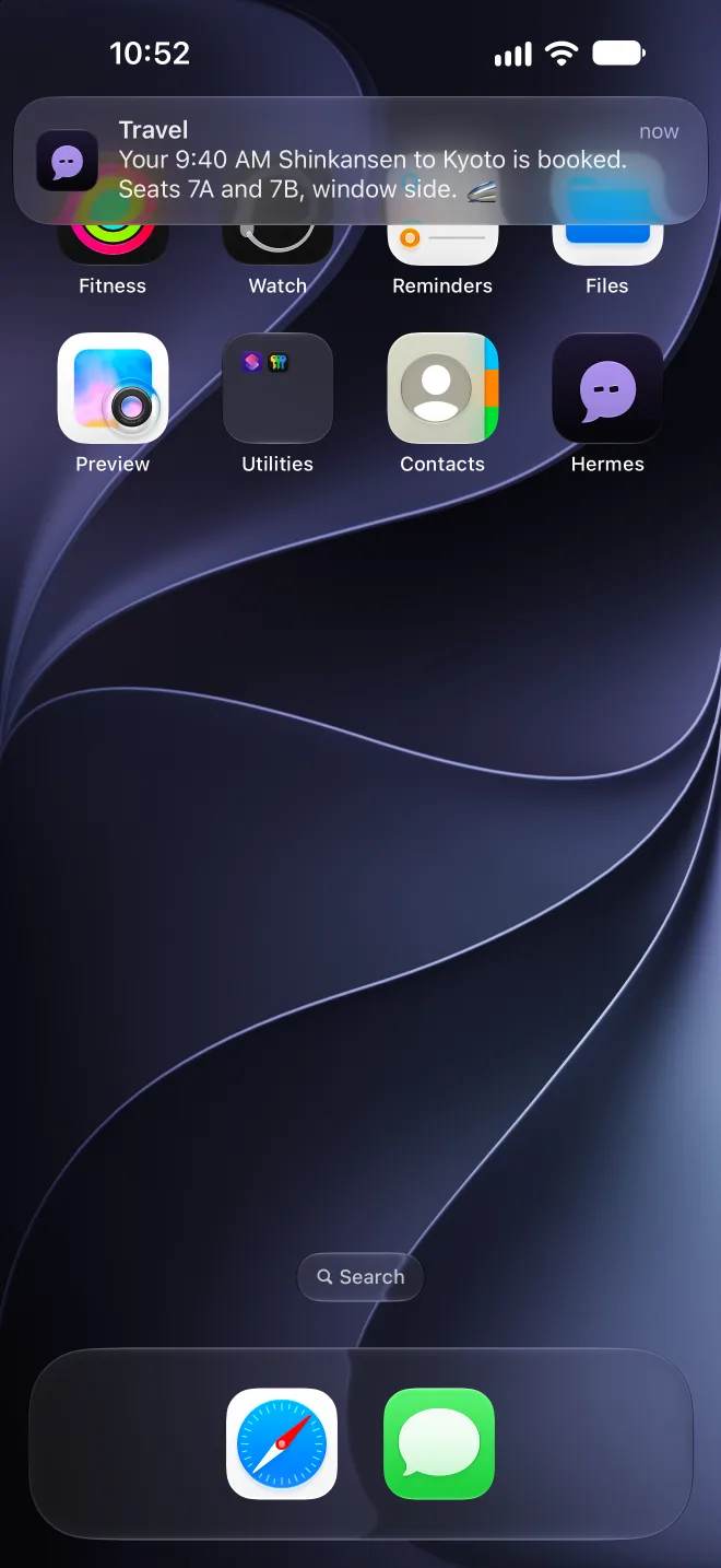 An iPhone home screen with a notification from Travel: your 9:40 AM Shinkansen to Kyoto is booked.