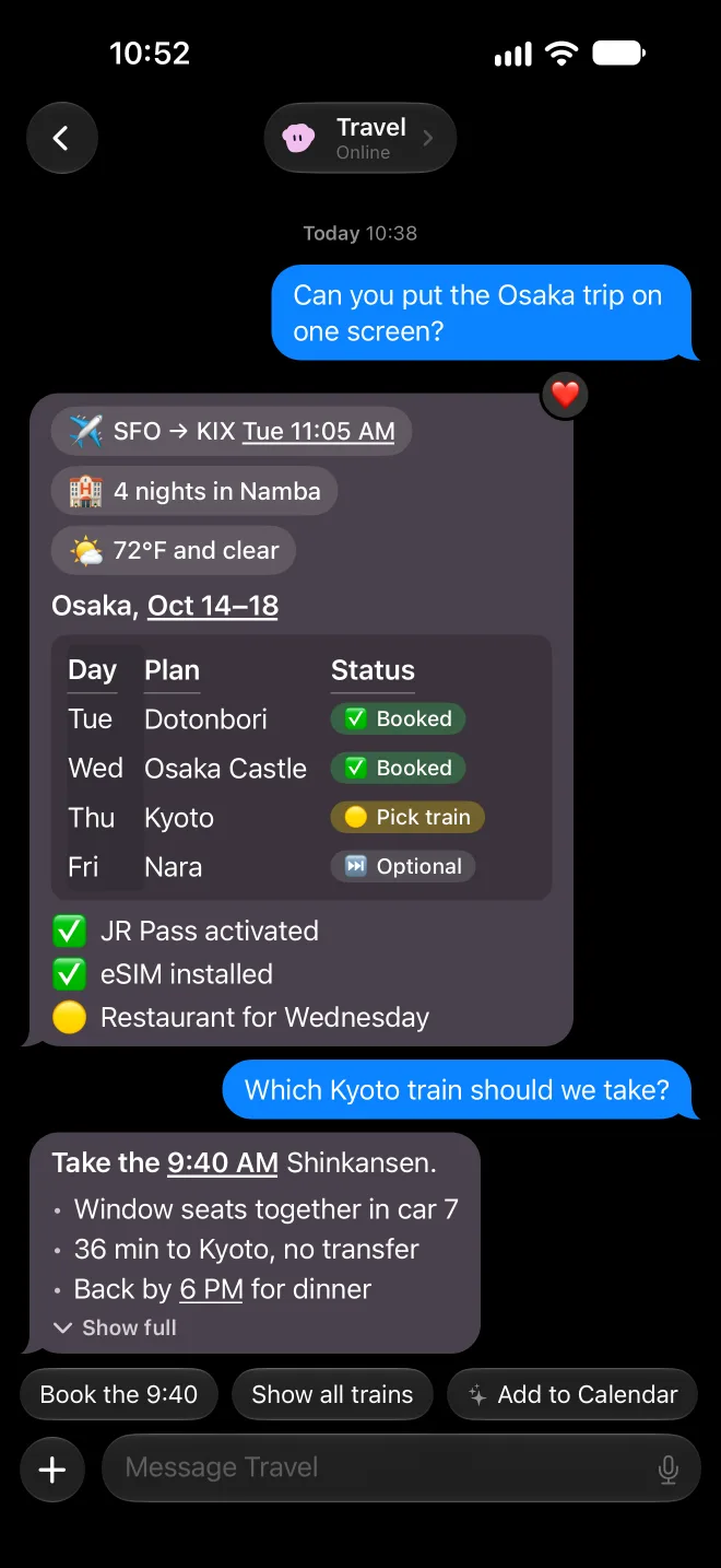 A Travel bot reply with trip chips, a day-by-day table with Booked and Pick train pills, a checklist, and a Gist summary of a long answer.